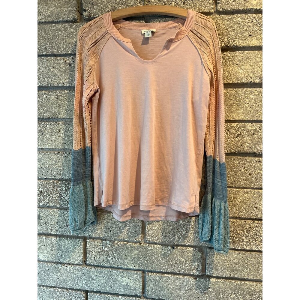 Sundance Pink & Blue Colorblock Knit Top With Crochet Sleeves Womens Size S